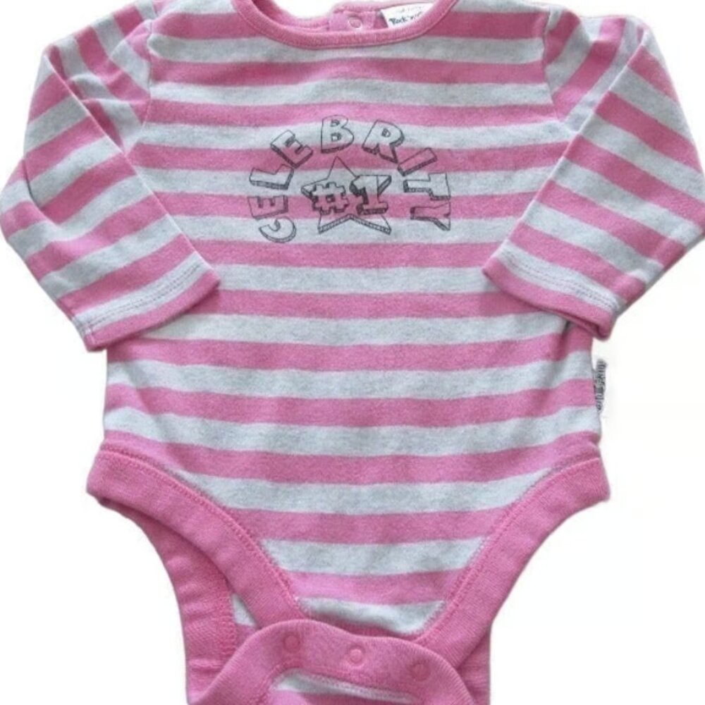 Old Navy 1 Pc Bodysuit Infant Girls 3-6M Pink Gray Stripe Long Sleeve Celebrity